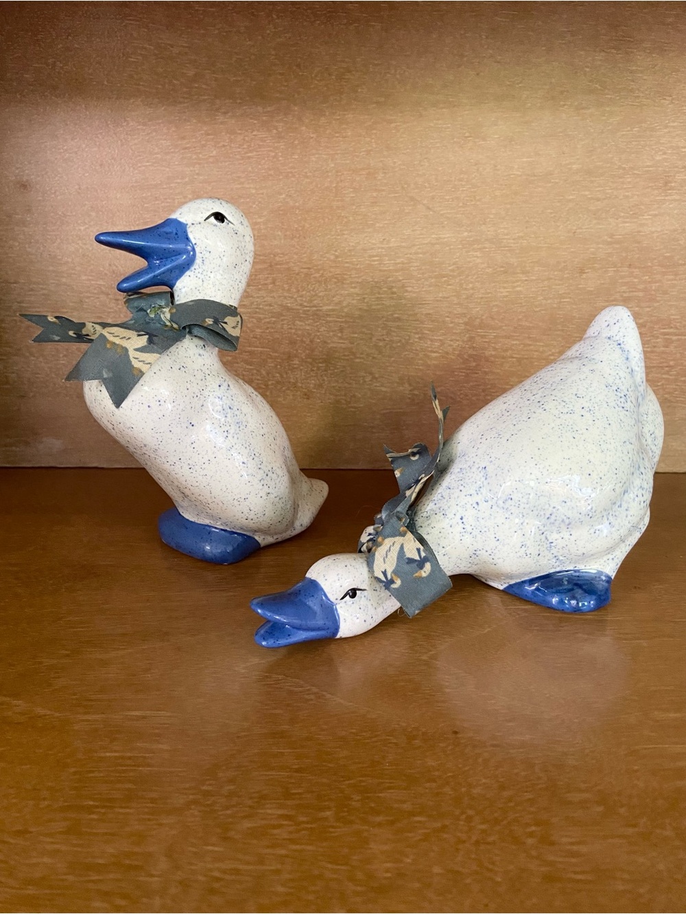Vintage Country Geese with Blue Bows Speckled Ducks Ceramic Figurines Goose 1980